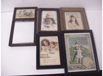 Collection Of 5 Vintage Framed Advertising Trade Cards, Hires, Mirror, Etc., Framed Lot # 4