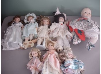 Collection Of 8 Collectible Dolls, Most With China / Bisque Heads Measure 15' To 8', Doll Lot # 4