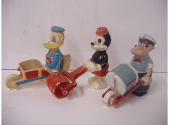 Collection Of 3 Vintage Walt Disney Toy Ramp Walkers, Donald Duck, Mickey Mouse, Popeye Lot # 19