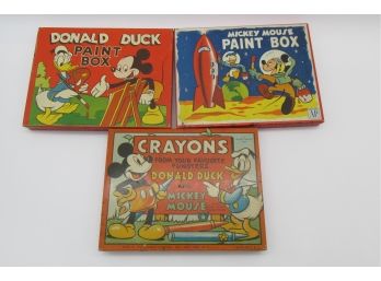 Collection Of 3 Vintage Tin Lithograph Disney Mickey Mouse And Donald Duck Paint Boxes By Transogram Company.