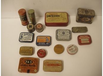 Collection Of 17 Vintage Tin Lithograph Advertising Tins, Laxative, Aspirin Razor, Cough Drops, Etc., Lot # 13