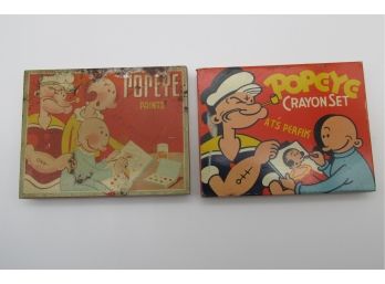 2 Different Vintage Tin Lithograph Popeye Crayon / Pencil / Paint Set Boxes.