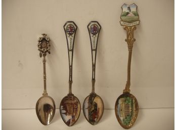 Collection Of 4 Vintage Souvenir Spoons, Some With Enamel Decoration, Lot # 30