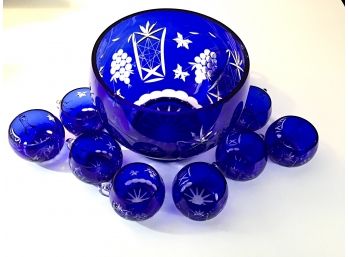 Fabulous Cobalt Cut To Clear Glass Punch Bowl Set