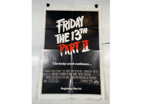 Vintage Folded One Sheet Movie Poster Friday The 13th Part II Advance Teaser 1981