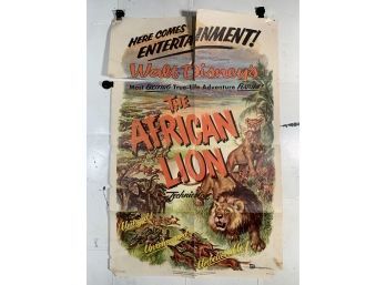 Vintage Folded One Sheet Movie Poster Walt Disney The African Lion