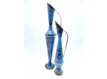 Pair Of Enamel Blue Tall Pitchers/ Vases Made In Israel
