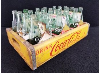24 Vintage 1950's Coca-cola Bottles With Wood Crate; Anchor Hockings & NY