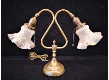 Vintage Brass Adjustable Double Goose Neck Table Lamp With Ruffled Glass Shades