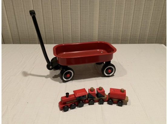 Classic Red Tinned Doll Wagon With Miniature Wooden Train Set