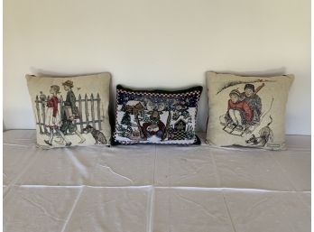 Lot Of 3 Vintage Assorted Decorative Pillows From Norman Rockwell & Laurie Korsgaden