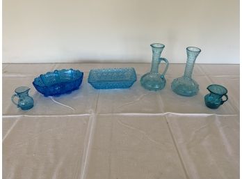 Lot Of 6 - Vintage Cut Blue Glass Items
