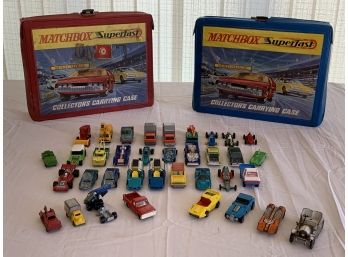 Lot Of 36 - Vintage Matchbox & HotWheels Diecast Cars With 2 Original Carrying Cases