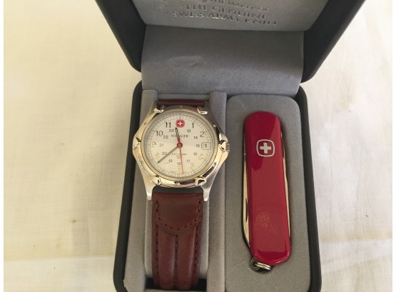 Wenger Swiss Army New Watch And Pocket Knife Set - Leather Strap - In Box - GRADUATION!