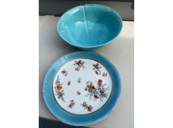 Large Ceramic Bowl And Vintage Round Serving Bowl - Turquoise!