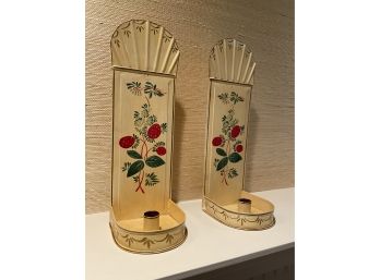 Pair Of Hand Painted Metal Candle Sconces