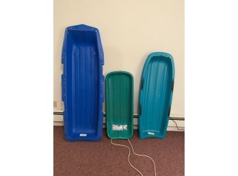 Set Of 3 Plastic Sleds -  2 Paris Brand And One Little Child Pull Along Sled