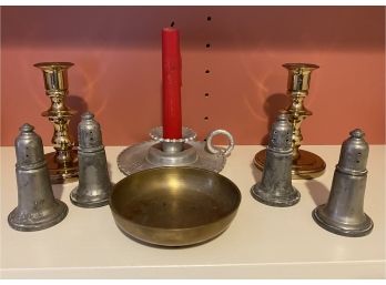 Lot Of Empire Pewter Slat And Pepper Shakers, Wrought Farberware Candlestick