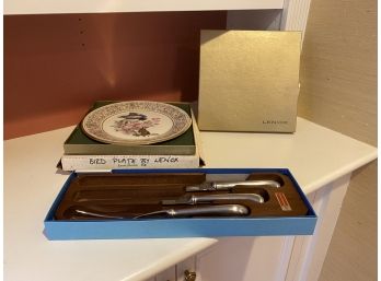 Lenox Limited Edition Boehm  Blue Warbler Plate And Washington Forge  Series #77 Sp. Of America Knife Set