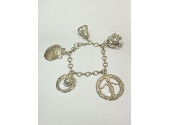 Large , Unique Antique Sterling Silver Charm Bracelet   - Angel - Bell - Shell        J1