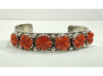 Amazing Vintage Native American Sterling Silver & Carved Coral Cuff Bracelet     C7