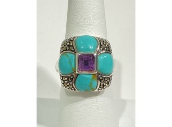 Sterling Silver , Turquoise , Marcasite & Amethyst Ring        B9