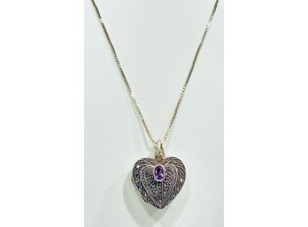 Sterling Silver , Marcasite & Amethyst Heart Locket With Box Chain    B3