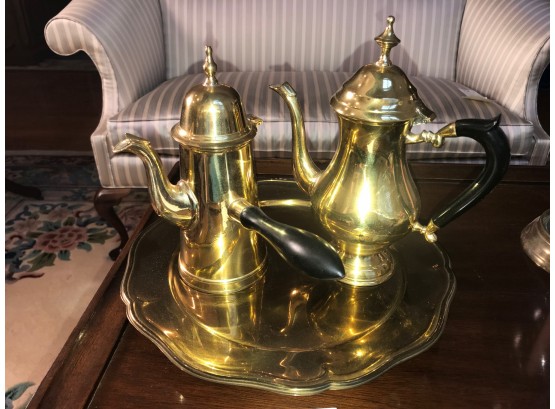 Solid Brass Tea And Coffee Pots With Selden  Brass Serving Platter
