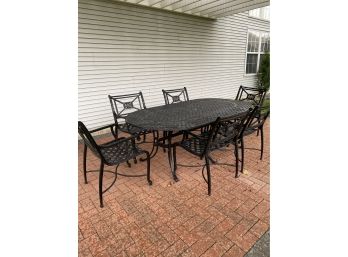Outdoor Patio Wrought Iron Table With 6 Chairs, Cushions And Storage Container Box