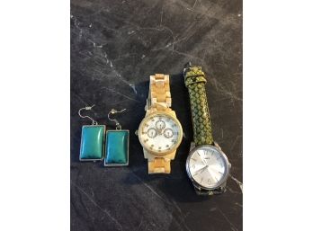 Timex Ladies Watch, Tan & Gold Tone Ladies Watch & Pair Of Turquoise Earrings