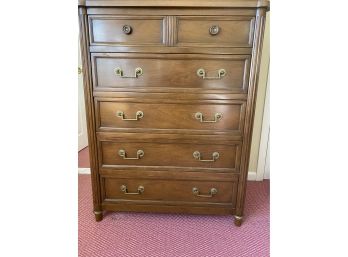 1960s Jacques Bodart  Sheridan Tall Highboy Dresser Bleached Mahogany Brass Pulls And Accents