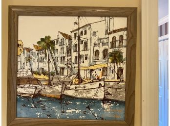 Signed Bernard Dufour Painting On Board  Mediterranean  Harbor Scene