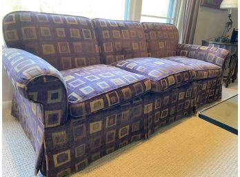 Custom Upholstered Roll Arm Couch With Down Seat Cushions.