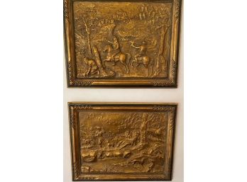 Pair Of Framed Embossed Art On Copper Depicting Travelers And Picnic