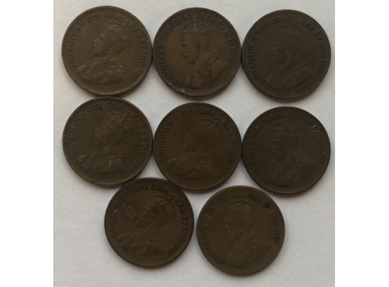 8 George V Canadian Pennies 1920, 1928, 1929, 1931, 1932, 1933, 1935, 1936