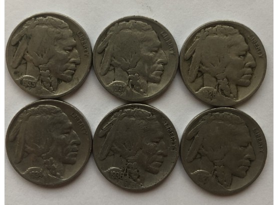 6 Buffalo Nickels Dated 1927, 1928, 1934, 1935, 1936, 1937