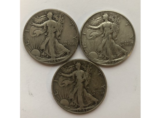 3 Walking Liberty Half Dollars Dated 1947, 1949, 1945