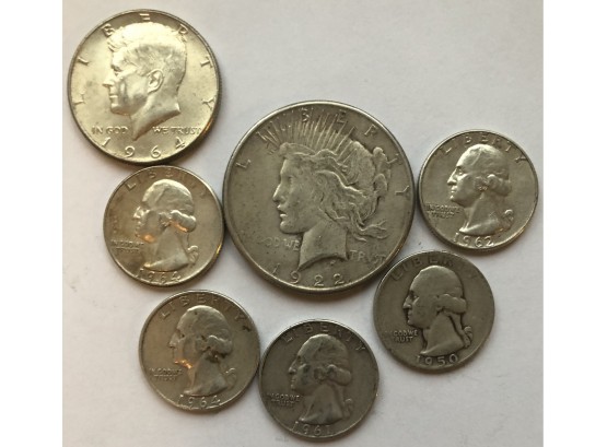 1922 S Peace Dollar, 1964 Kennedy, 5 Washington Quarters