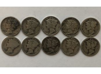 10 Mercury Dimes Dated 1943, 1916, 1923, 1944 S, 1924, 1917 S, 1936, 1936, 1941, 1944