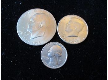 1776-1976, 3 Coins, U.S. P Eisenhower Dollar, P Kennedy Half, P Washington Qtr.