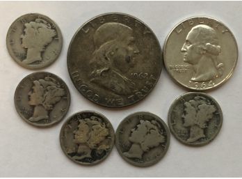 Set Of Coins (1 1962 Franklin, 1964 Washington Quarter, And 5 Mercury Dimes