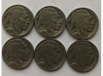 6 Buffalo Nickels Dated 1927, 1928, 1934, 1935, 1936, 1937