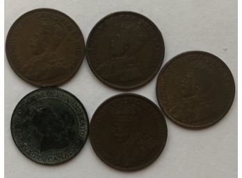 5 Canadian King George Large Pennies 1910, 1916, 1917, 1918, 1919