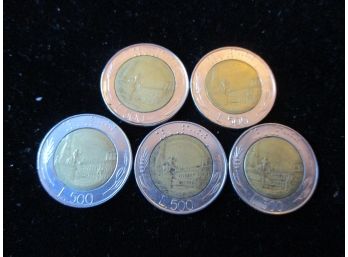 5 Italian L.500 Coins, Multiple Dates
