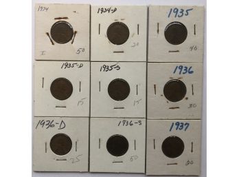 9 Pennies Dated 1934P, 1934D, 1935P, 1935D, 1935S, 1936D, 1936S, 1937