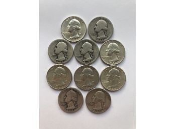 10 Washington Quarters Various Dates (all 90 Silver)