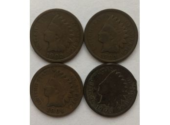 4 Indian Head Pennies Dated 1902, 1903, 1904, 1905 See Description)