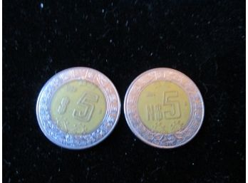 2 Mexican $5 , Peso, Bi Metal Coins