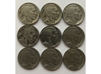 9 Buffalo Nickels 1924, 1927, 1928, 1929, 1930, 1934, 1935, 1936, 1937