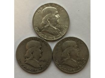 3 Franklin Half Dollars 1951 S, 1960 D, 1963 D